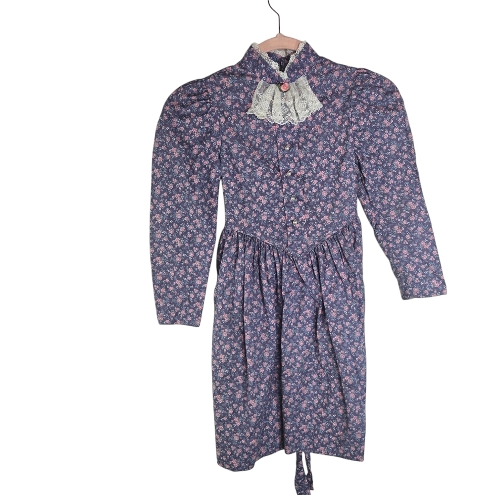 Vtg 70s 80s Girls Purple Floral Long Sleeve Prairie Dress